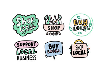 Buy Local, Support Small Business Isolated Icons in Doodle Style with Green Leaves and Shopping Bag, Farmer Production