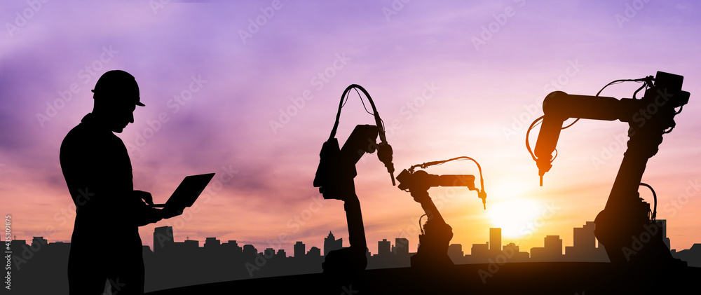 Poster mechanized industry of future factory double exposure image . concept of robotics technology for ind