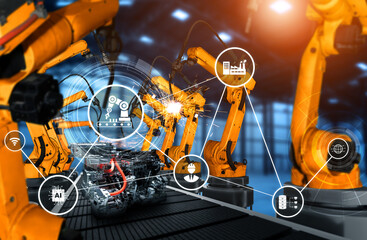 Mechanized industry robot arm for assembly in factory production line . Concept of artificial...