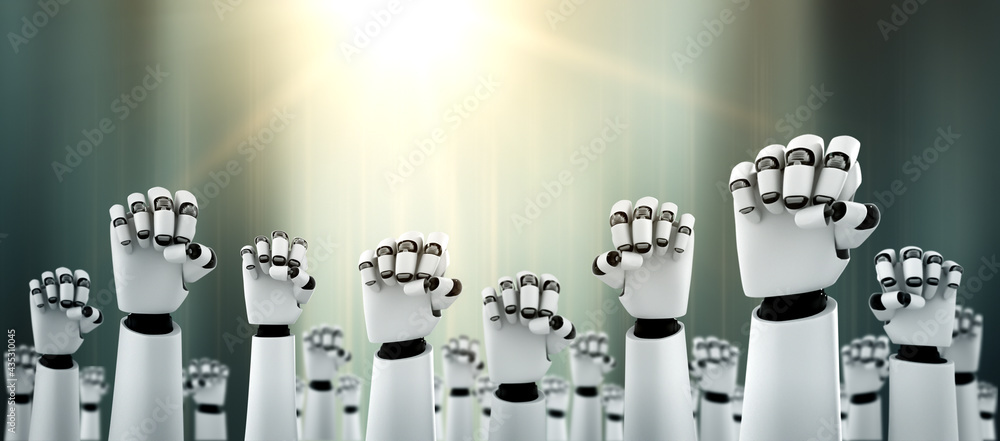 Poster robot humanoid hands up to celebrate success achieved by using ai artificial intelligence thinking a