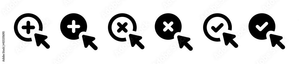 Poster mouse cursor clicking add, delete, confirm button icon. vector illustration