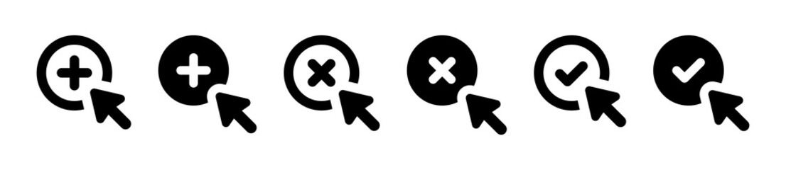 Mouse cursor clicking add, delete, confirm button icon. Vector illustration