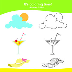 Coloring summer items worksheet page. This worksheet is helping kids improve fine motor skills and train the brain to focus. 