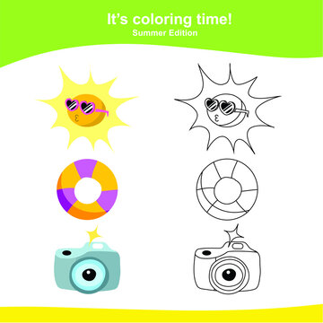 Coloring summer items worksheet page. This worksheet is helping kids improve fine motor skills and train the brain to focus. 