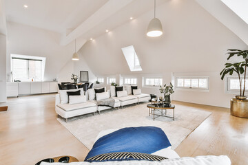 Contemporary minimalist interior design of lounge zone with couches and carpet in attic open space...