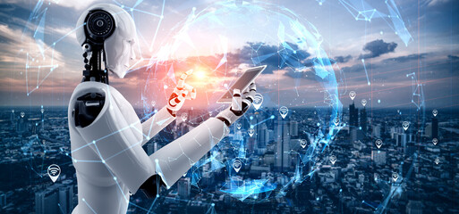 Robot humanoid use mobile phone or tablet for global network connection using AI thinking brain , artificial intelligence and machine learning process for 4th industrial revolution . 3D illustration.