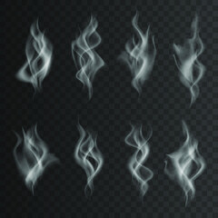 Isolated collection of white smoke on the dark background. Vector illustration.