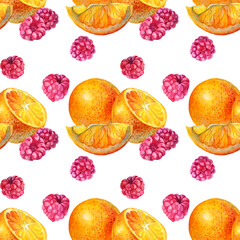 Seamless pattern watercolor summer composition citrus fruit orange slice and berries raspberry on white background. Hand-drawn sweet food object for menu, wrapping, card, wallpaper, sticker, textile