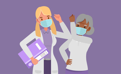 Doctor and patient bump elbows greeting character vector design