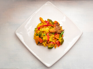 Vegan Oyster Mushroom Paella with Onions, Red Bell Pepper, Tomatoes, Broccoli and Peas