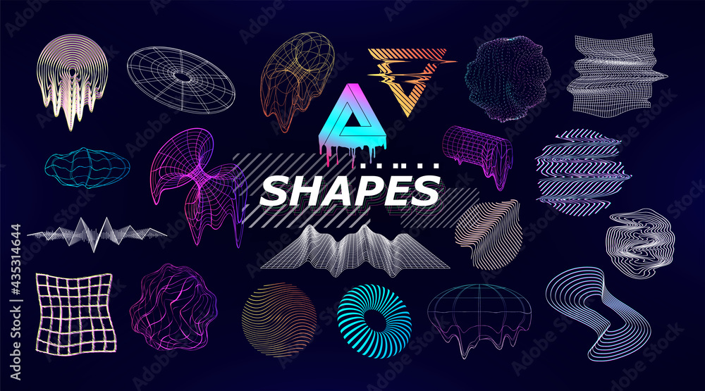 Aufkleber Trendy retro futuristic shapes. Geometric elements gradient color and halftone. Dynamic shapes, spheres, abstract elements, mesh, round with glitch and liquid forms. Memphis set design. Vector graphic