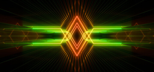 Sci Fy neon lamps in a dark hall. Reflections on the floor and walls. 3d rendering image.