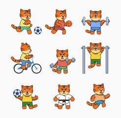 Set of tiger characters doing various sports. Cute tiger playing football, basketball, riding bike, running and showing other actions. Vector illustration bundle