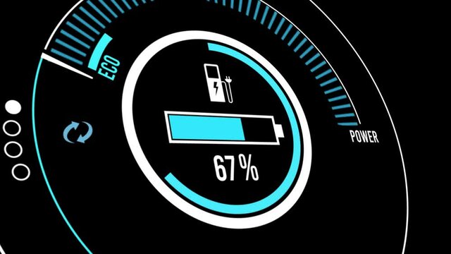 Electric Car Dashboard Display. Electric Car Charging Indicating The Progress Of The Charging, Electric Vehicle Battery Indicator Showing An Increasing Battery Charge
