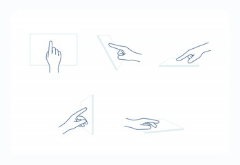 hand gesture line icons: touching screen, pointing finger, tapping hand sign. editable stroke vector illustration