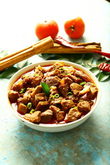 Bowl of delicious mutton korma, curry, roast from Indian cuisine. Non veg food backgrounds.