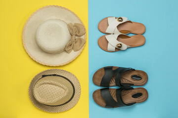 Women's and men's hats and women's and men's sandals.