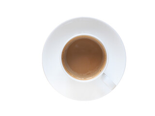 Top view espresso hot coffee in a white cup over the saucer isolated on a white background.
