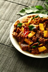 Homemade delicious meat pepper fry roast from Indian cuisine, Kerala food recipes.