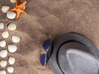 Orange starfish and seashells lie on the coarse sand, top view. Copy space.