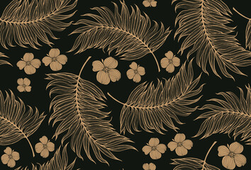 Hand drawn nature seamless pattern abstract tropical golden leaves.