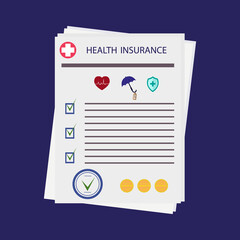 Insurance compensation. A paper form of a medical document with a discount and a stamp. Insured event or health safety. Agreement with the protection and coverage of the event. Vector illustration