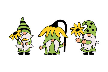 Three gnomes with sunflower are on white background. Vector illustration.