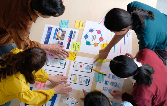 Brainstorm planing creative asian teamwork, Group of asia mobile phone app developer team meeting for ideas about screen display prototype smartphone layout, ux startup small business, top view