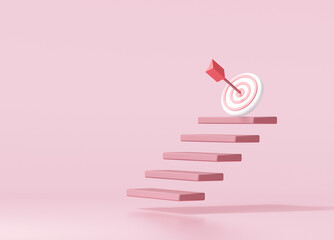 Red arrow hit the center of target on top of the staircase. business strategy and target achievement concept.3d render illustration - obrazy, fototapety, plakaty