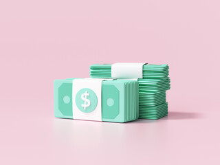 Bundle of money, banknote on pink background, business investment profit, money saving concept. 3d render illustration