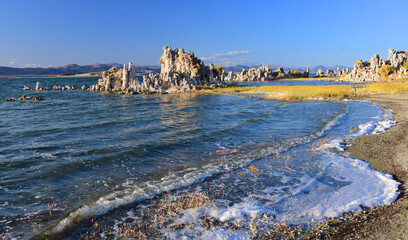 the striking limestone tufa towers at dusk along the shoreline of the south tufa area at mono lake,...