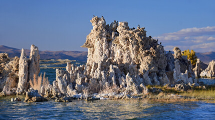 the striking limestone tufa towers at dusk along the shoreline of the south tufa area at mono lake,...