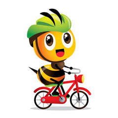 Cartoon cute happy bee cycling red bicycle with green safety helmet vector mascot