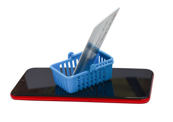 cell phone shopping cart and card, the concept of online shopping, shopping via the Internet