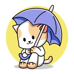 Cute cat with umbrella cartoon illustration