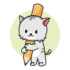 Cute cat holding pencil cartoon illustration