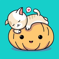 Cute cat with halloween pumpkin cartoon illustration