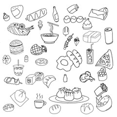 Food illustration doodle style on white isolated background. For decoration wallpaper ,card, texture, menu
