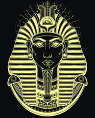 Hand-drawn vintage illustration of the ancient Egyptian 
Pharaoh's head. Tattoo art, graphic, t-shirt design, postcard, poster design, coloring books. Tutankhamen mask. Vector illustration.