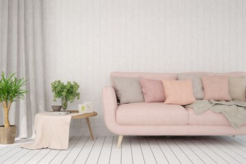 Soft color living room with pink sofa. Scandinavian interior design. 3D illustration
