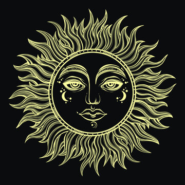 Bohemian hand drawn sun. Vector illustration for coloring book, t-shirts design, tattoo.Vector illustration.