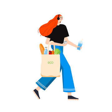 Vector image of a walking with healthy food in a reusable fabric bag. The concept of living without waste and preserving the environment. Zero waste, trending trends