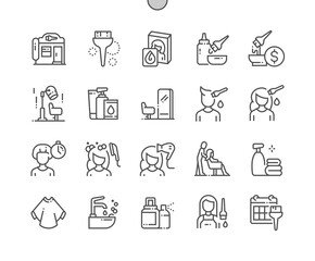 Hair dyeing. Hairdressing tools. Shampoo and towel. Barber, salon, haircare, barbershop, stylist, hairstyle and beauty. Pixel Perfect Vector Thin Line Icons. Simple Minimal Pictogram