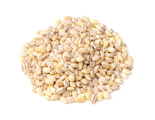 pile of raw pearl barley groats closeup on white