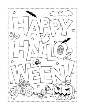 "Happy Halloween!" greeting coloring page, poster, sign or banner black and white activity sheet 

