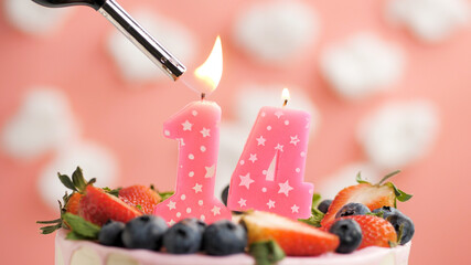 Birthday cake number 14, pink candle on beautiful cake with berries and lighter with fire against...