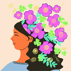 Girl with flowers from her head as a symbol of psychological health.