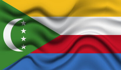 Obraz premium Abstract waving flag of Comoros with curved fabric background. Creative realistic waving flag of Comoros vector background
