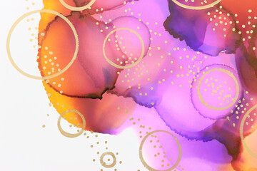 art photography of abstract fluid painting with alcohol ink, purple, orange, gold and pink colors