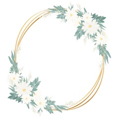 Postcard with flowers and leaves. Design concept for cards, labels and wedding invitations. Bouquets of flowers and golden round frame. Vector decorative isolated postcard.